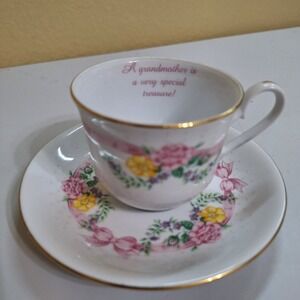 1990 Grandmother Teacup Saucer Set Summit Collection Floral Gold Trim Gift